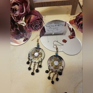 Boho Mother-of-Pearl & Brass Dangle Earrings - Black Accents